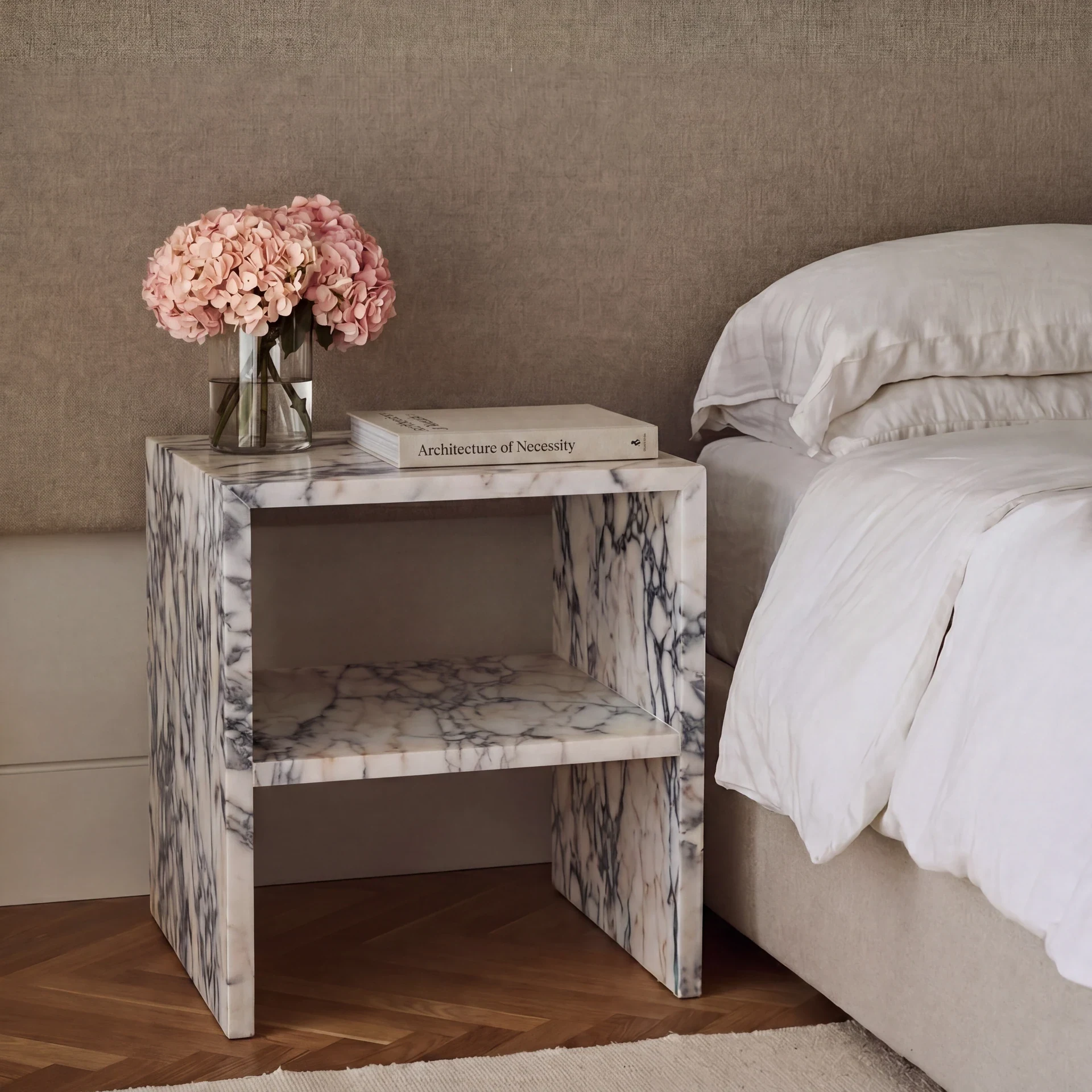 Hera Side Table in Calacatta Viola marble: open-front side table with low shelf
