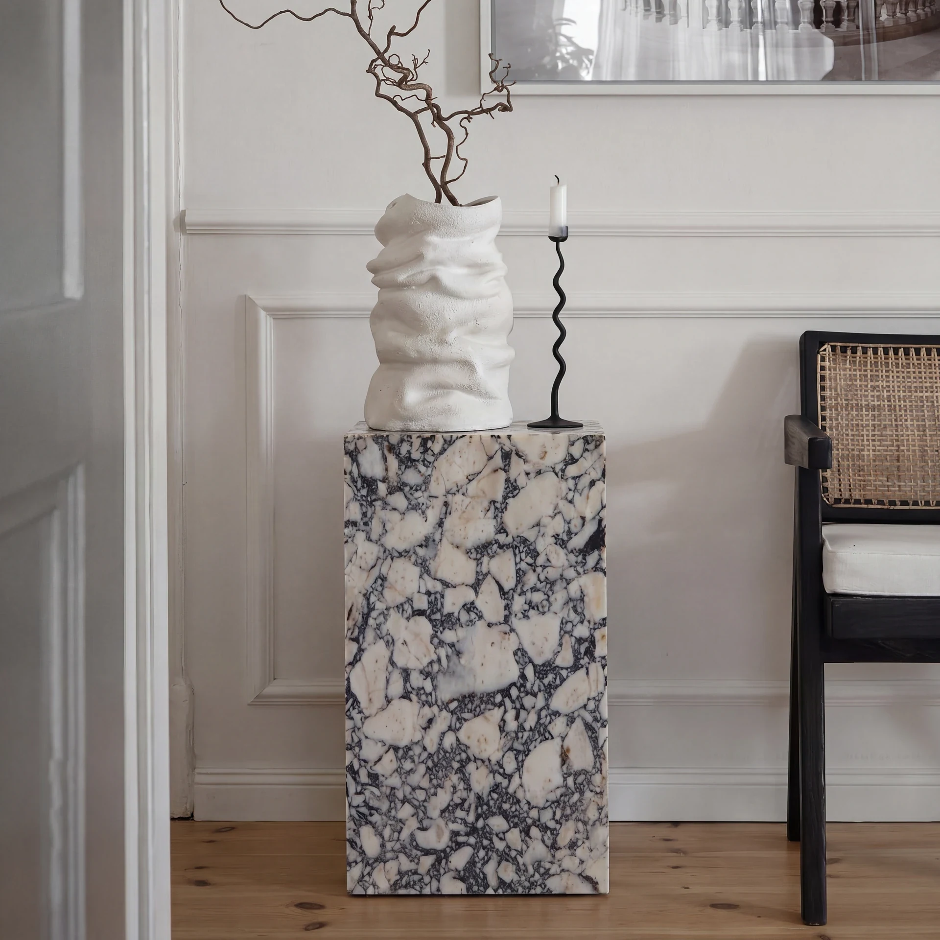 Plinth Side Table in Calacatta Viola marble: tall rectangular solid plinth