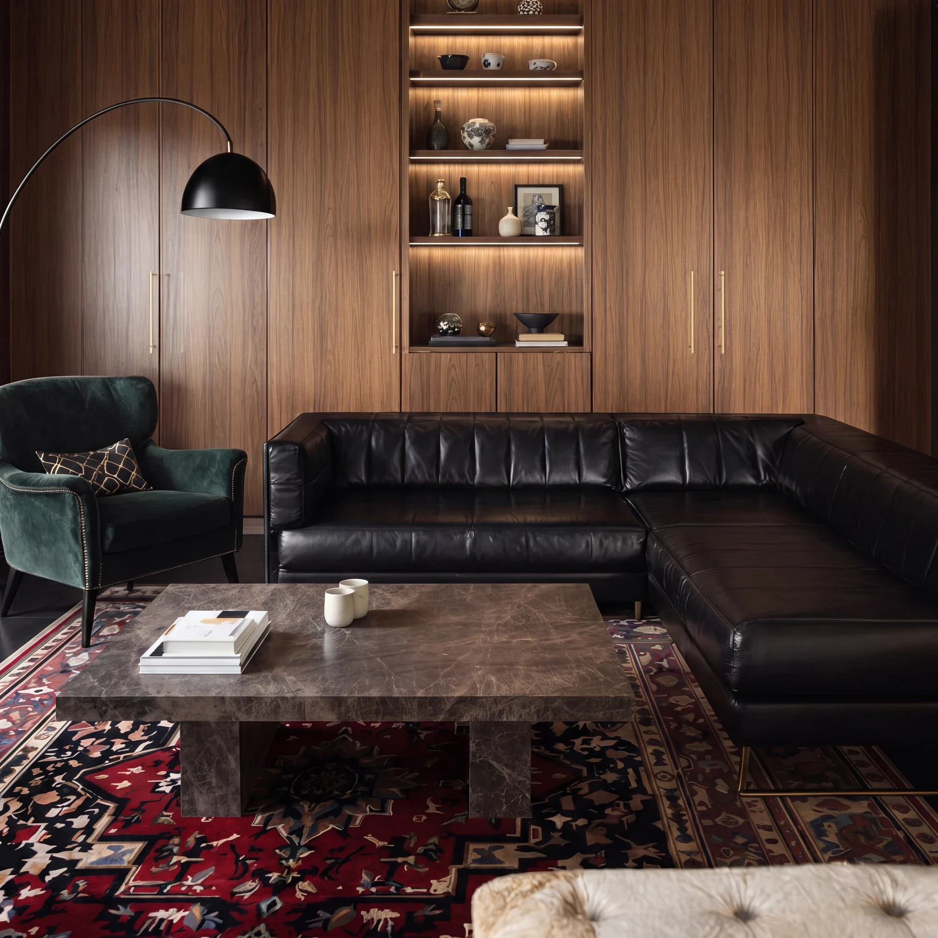 Emperador Dark marble coffee table: low rectangular coffee table with slab legs
