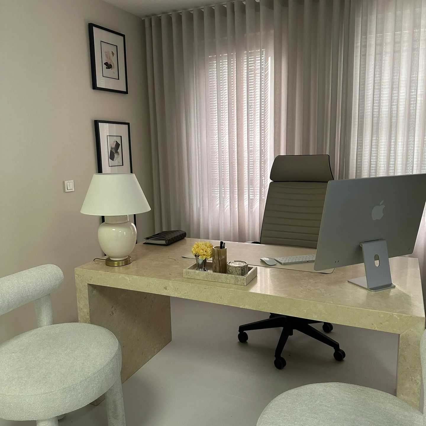 Light Travertine desk: waterfall desk with straight slab sides