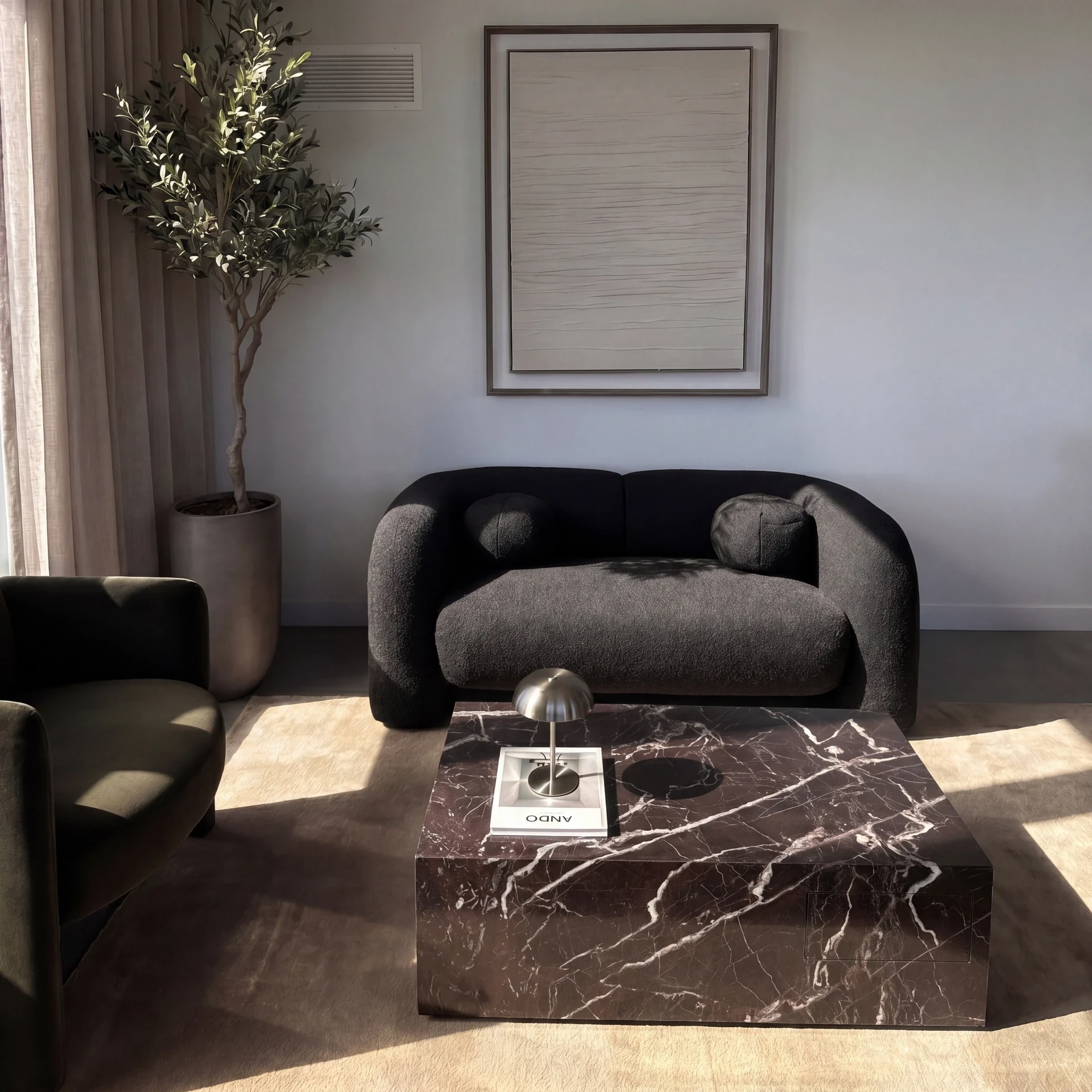 Plinth Coffee Table in Rosso Levanto marble: low rectangular monolithic coffee table