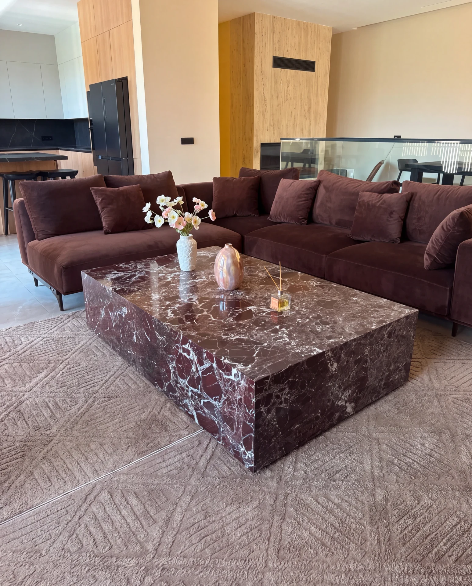 Plinth Coffee Table in Rosso Levanto marble: monolithic rectangular coffee table