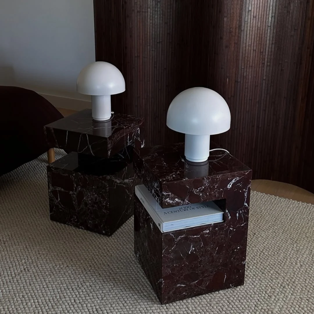 Nysa Side Table in Rosso Levanto marble: block bedside tables with upper open niche