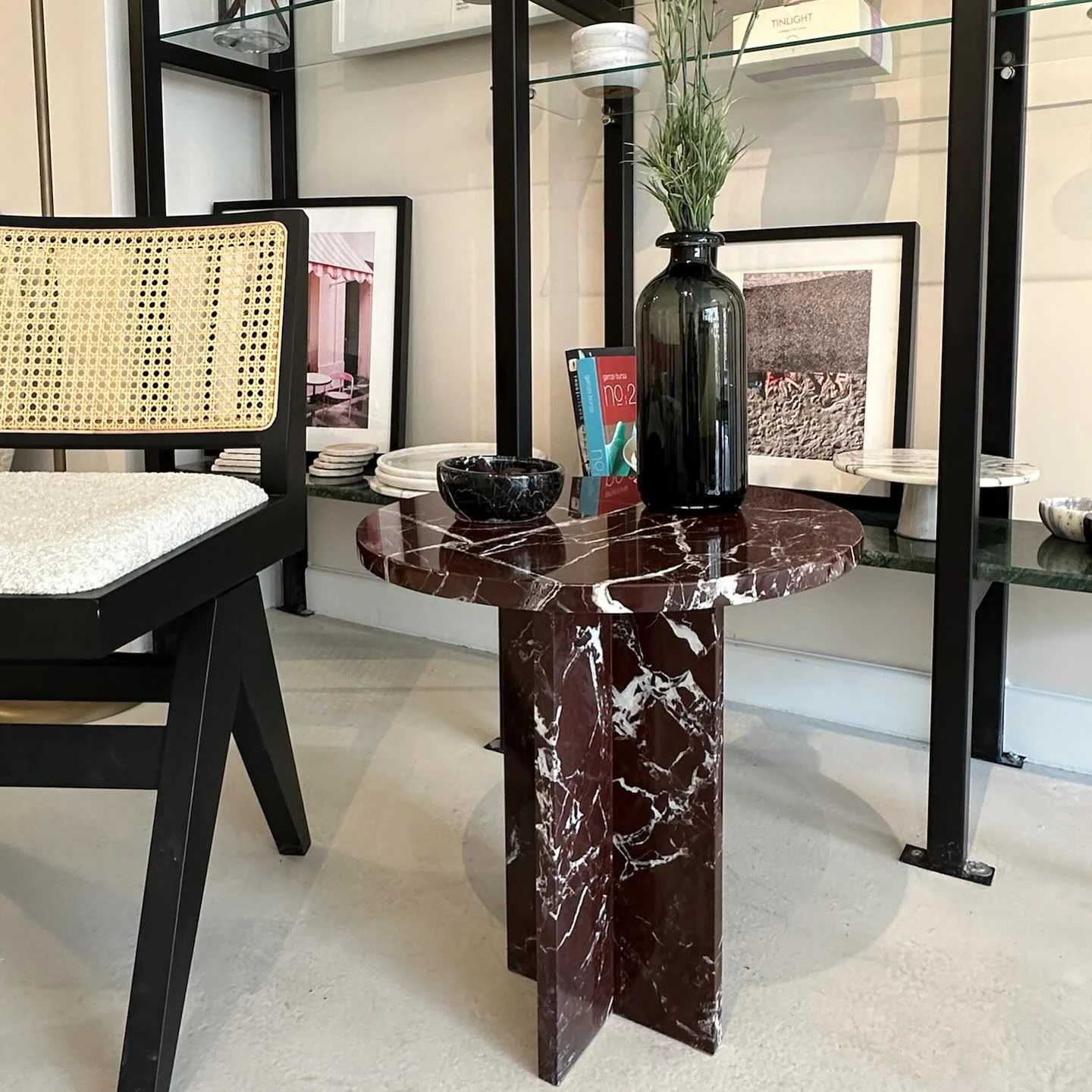 Rosso Levanto marble side table: round side table with intersecting slab cross base